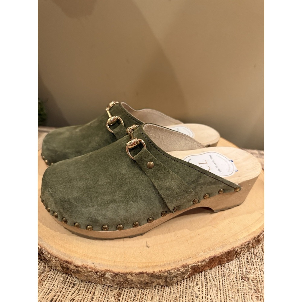 Clogsland Clogs Horse Bit Sz-37(7) Sage Suede Wooden Heel Slip On Platform New